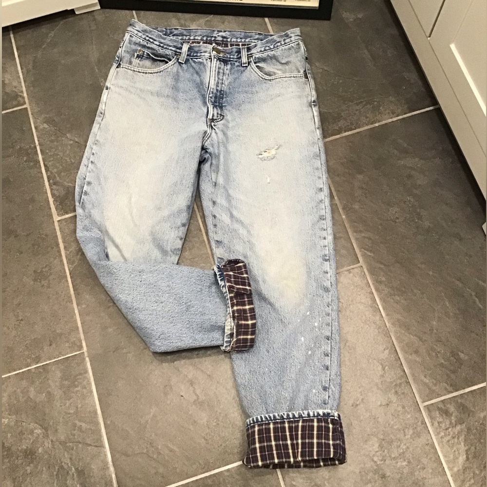 LL Bean Vintage Flannel Lined Jean Straight Leg Light Washed Distressed 34x32